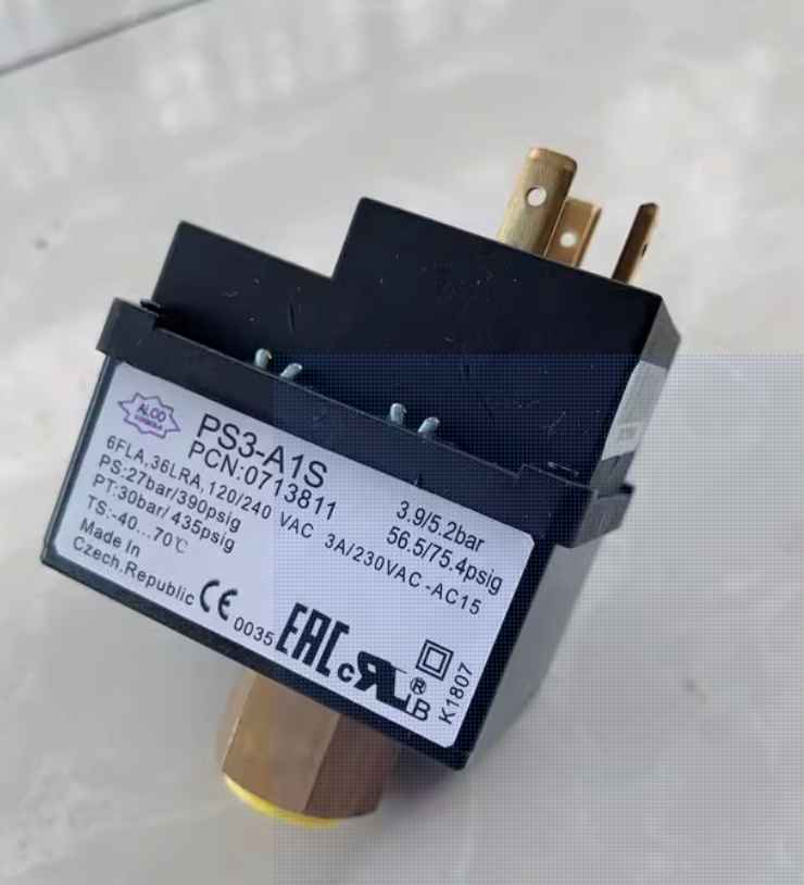 ALCO PS3-A1S Pressure Switch, 3.9/5.2 bar (56.5/75.4 psig) Adjustable Differential, SPDT 3A 230VAC, Refrigeration/HVAC, PCN 0713811 (Emerson)
