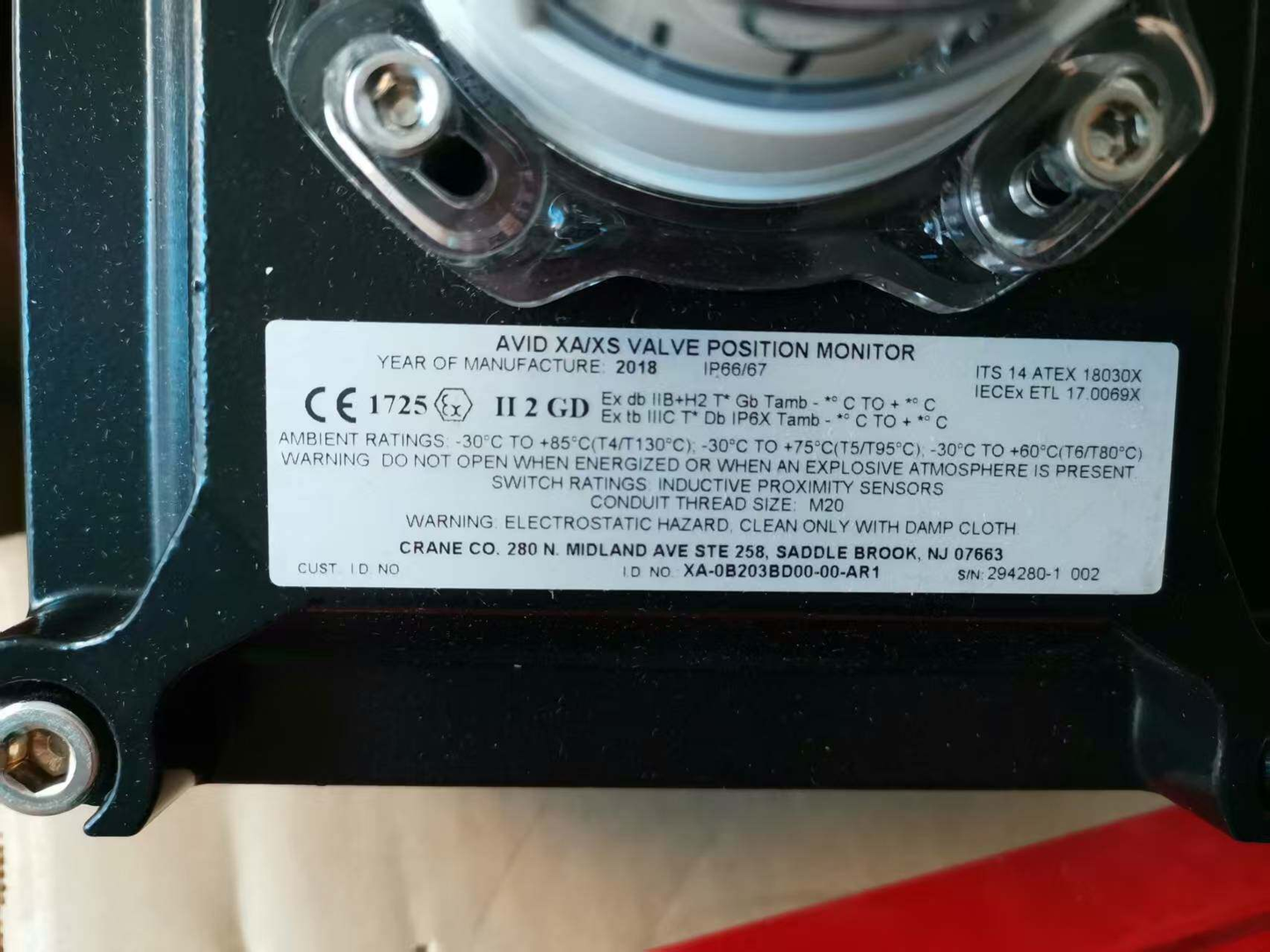 Avid XA-0B203BD00-00-AR1 Valve Position Monitor - ATEX/IECEx IP66/67 Certifications - Nameplate View