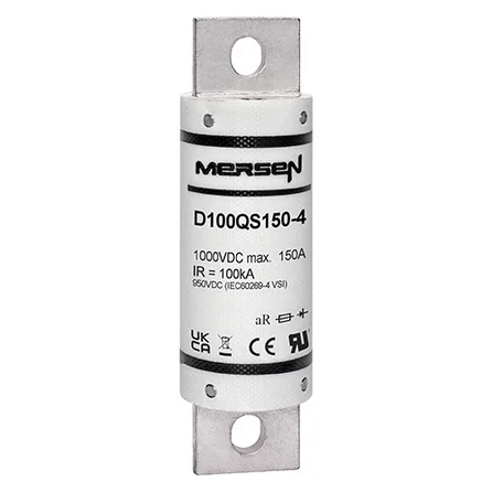Ferraz Shawmut General Industrial Fuses Mersen D100QS150-4 D100QS Series High-Speed DC Fuse, 1000VDC, 150A aR 100kA IR, Round Body 4.38in - Pack of 5