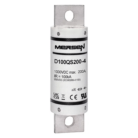 Ferraz Shawmut General Industrial Fuses Mersen D100QS200-4 D100QS Series High-Speed DC Fuse, 1000VDC, 200A aR 100kA IR, Round Body 4.38in - Pack of 5