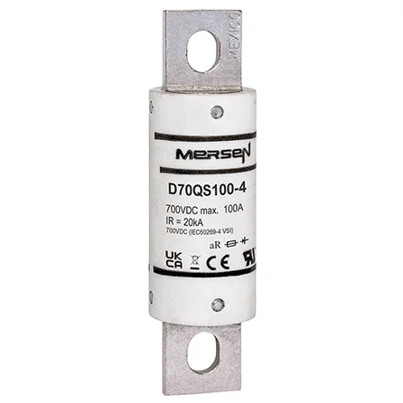 Ferraz Shawmut General Industrial Fuses Mersen D70QS100-4 D70QS Series High-Speed DC Fuse, 700VDC, 100A aR 20kA IR, 3.63in Round Body - Pack of 5