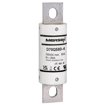 Ferraz Shawmut General Industrial Fuses Mersen D70QS80-4 D70QS Series High-Speed DC Fuse, 700VDC 80A aR, 20kA IR, 3.63in Round Body - Pack of 5