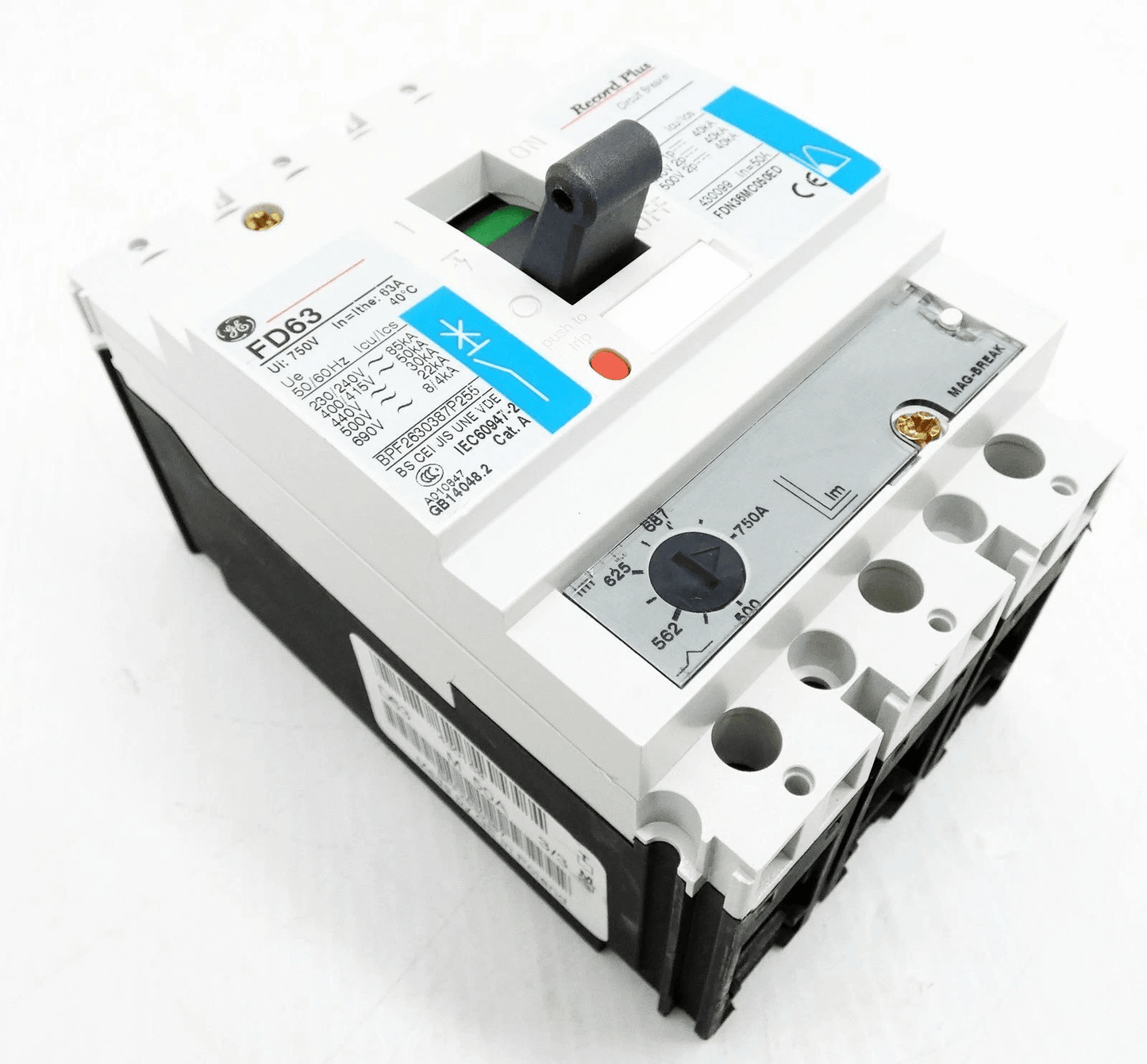 GE Molded Case Circuit Breakers General Electric (GE) FD63 Series FDN36MC050ED — 3‑Pole DIN‑Rail MCCB, 100A Nominal, Adjustable Overcurrent 80–100A, IP20, 50 kA Breaking Capacity