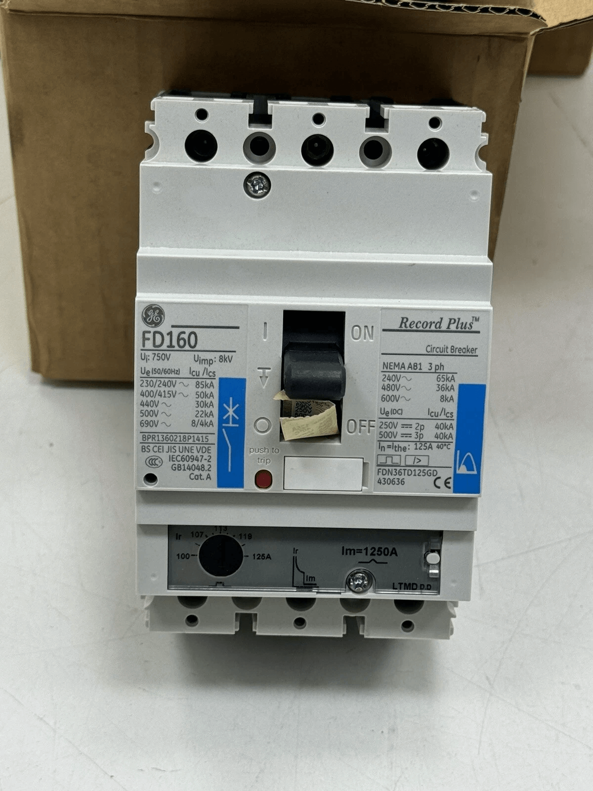 GE Molded Case Circuit Breakers General Electric (GE) Record Plus FDH36MC080GD — FD Frame 3‑Pole Molded Case Circuit Breaker, 80A, 690V, Magnetic‑Only (Instantaneous), Feed‑Thru Connection, 80 kA @ 415V AIC