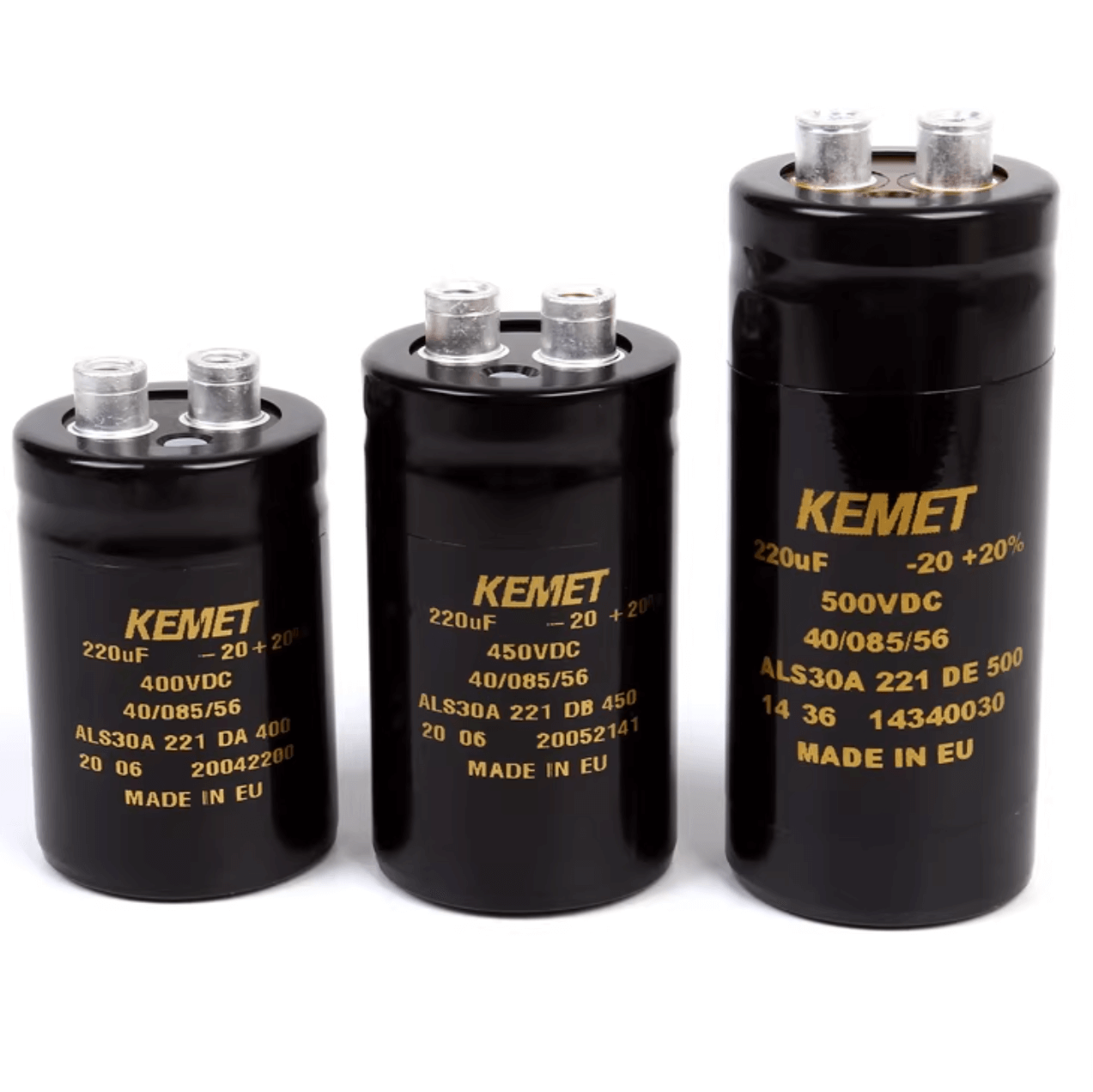 KEMET Aluminum Electrolytic Capacitors KEMET ALS30A221DA400 — ALS30 Series Screw‑Terminal Aluminum Electrolytic Capacitor, 220 µF ±20%, 400 VDC, 11,000 hr, Ø36×52 mm, Lead Spacing 12.8 mm, ESR 570 mΩ, Ripple 2.1 A — Pack of 10