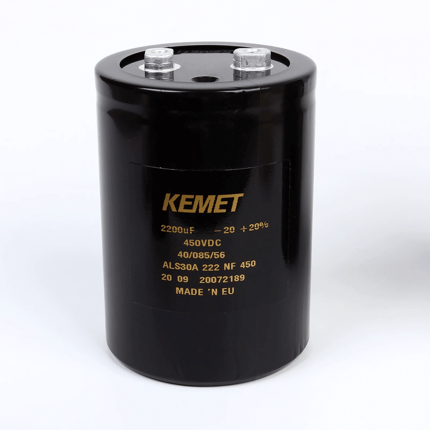 KEMET Aluminum Electrolytic Capacitors KEMET ALS30A222NF450 — ALS30 Series Screw‑Terminal Aluminum Electrolytic Capacitor, 2200 µF ±20%, 450 VDC, 20,000 hr, Ø77×105 mm, Lead Spacing 31.8 mm, ESR 59 mΩ @100 Hz, Ripple 12.2 A — Pack of 5