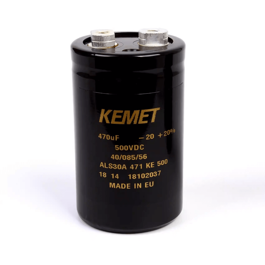 KEMET Aluminum Electrolytic Capacitors KEMET ALS30A471KE500 — ALS30 Series Screw‑Terminal Aluminum Electrolytic Capacitor, 470 µF ±20%, 500 VDC, 18,000 hr, Ø51×82 mm, Lead Spacing 22.2 mm, ESR 365 mΩ, Ripple 4.4 A