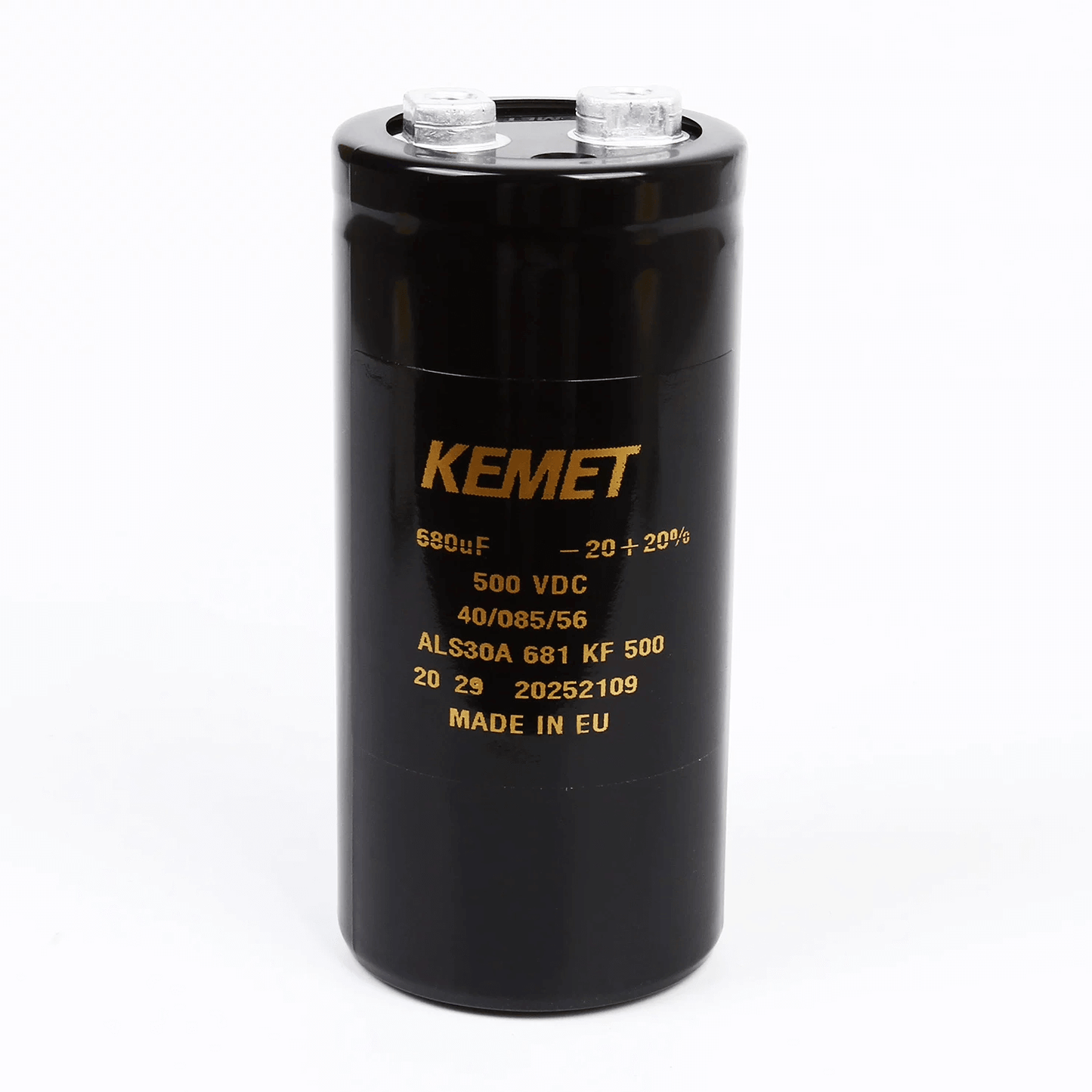 KEMET Aluminum Electrolytic Capacitors KEMET ALS30A681KF500 — ALS30 Series Screw‑Terminal Aluminum Electrolytic Capacitor, 680 µF ±20%, 500 VDC, −40 °C to +85 °C, Screw Terminal — Pack of 5