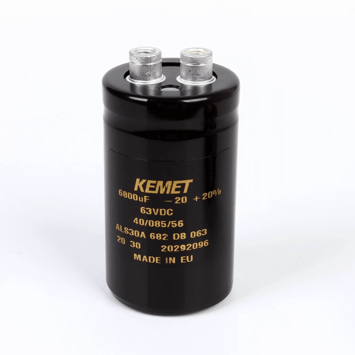 KEMET Aluminum Electrolytic Capacitors KEMET ALS30A682DB063 — ALS30 Series Screw‑Terminal Aluminum Electrolytic Capacitor, 6800 µF ±20%, 63 VDC, 11,000 hr, Ø36×62 mm, Lead Spacing 12.8 mm, ESR 26 mΩ @100 Hz, Ripple 8.2 A — Pack of 10