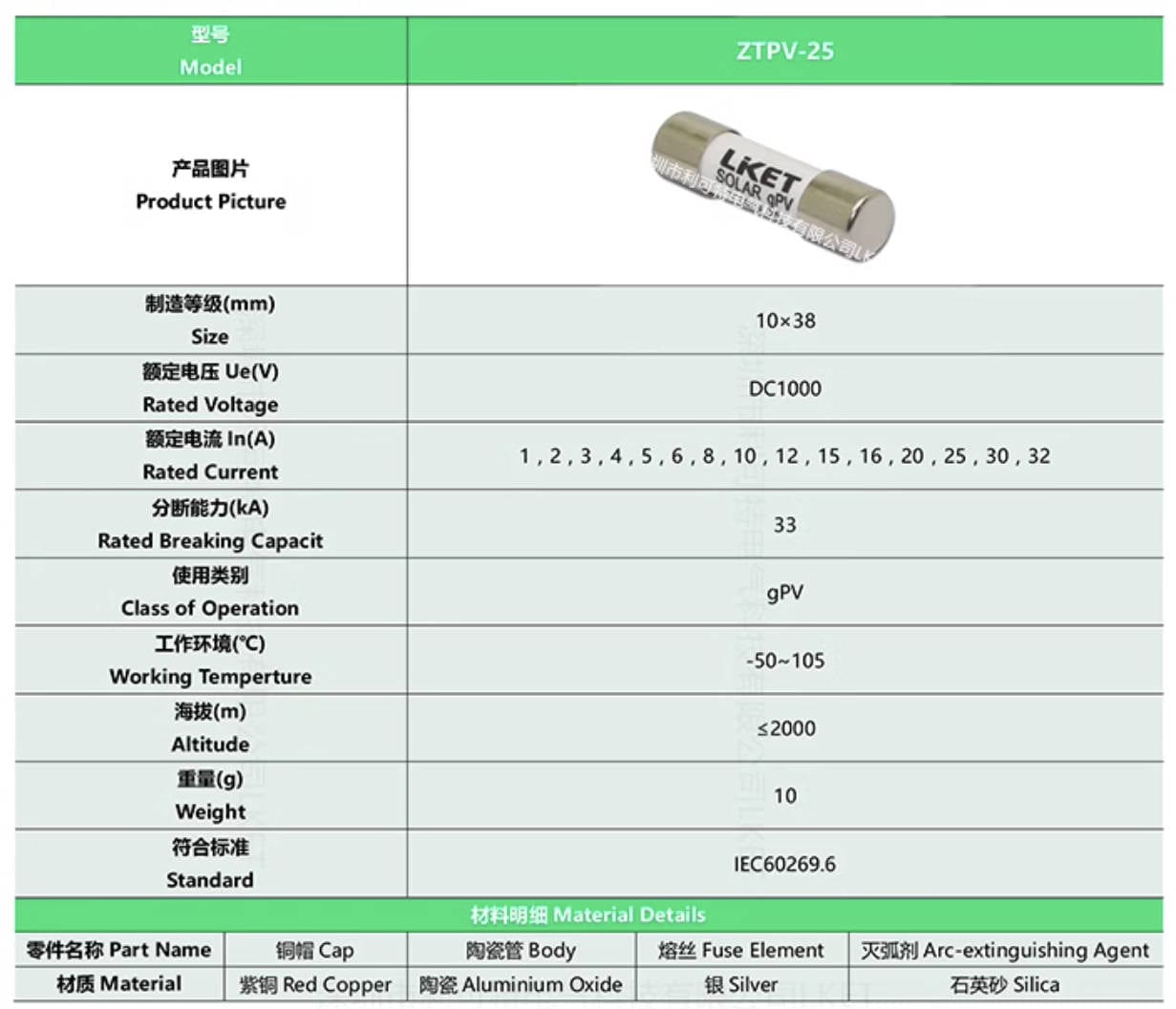 LKET LKET DC1000V ZTPV-25 R015 10*38mm Fuse