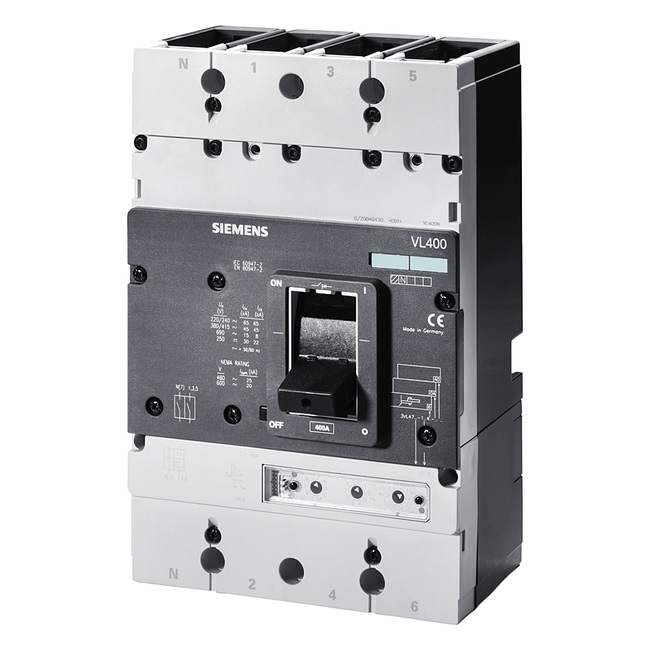 Siemens two-level Siemens 3VL4740-3DC36-0AA0 VL400L Molded Case Circuit Breaker, 3‑Pole, 400 A (In), Icu 100 kA @415 V — TM Trip Unit