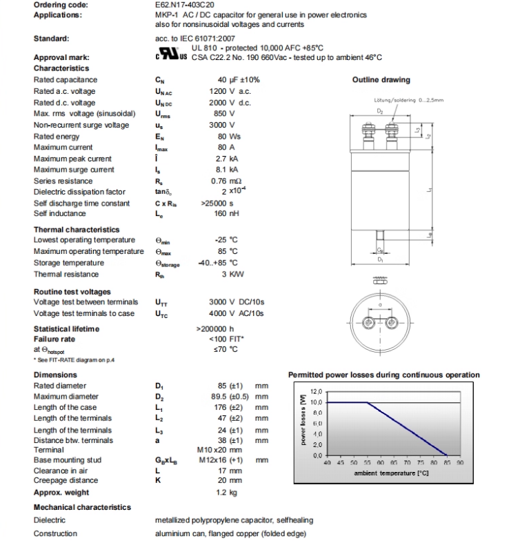 ELECTRONICON MKP-1 AC/DC Capacitor, 40 µF 1200V AC 2000V DC, 80A, E62.N17-403C20 - Pack of 4