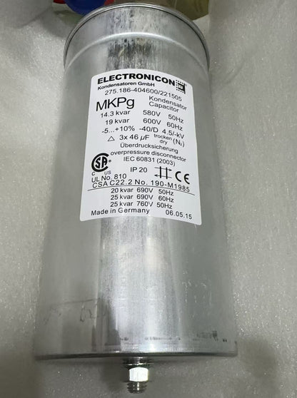 ELECTRONICON MKPg Power Capacitor, 14.3kvar 580V 50Hz, 19kvar 600V 60Hz, 3x46µF, Part No. 275.186-404600/221505 – Pack of 5
