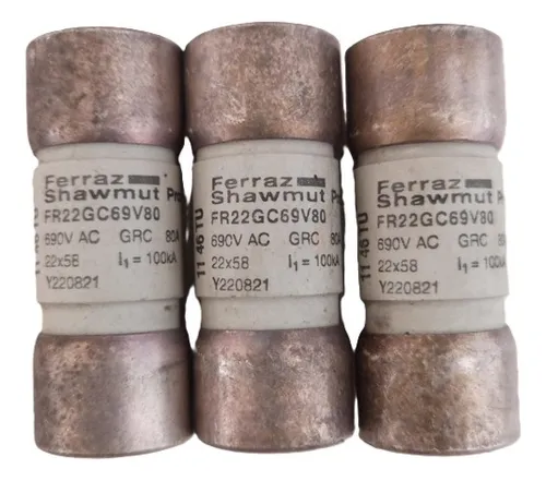 Mersen FR22GC69V80 Fuse,  80A 690V AC, Cylindrical 22x58mm Ceramic Body, Silver‑Plated Ferrule – Pack of 20