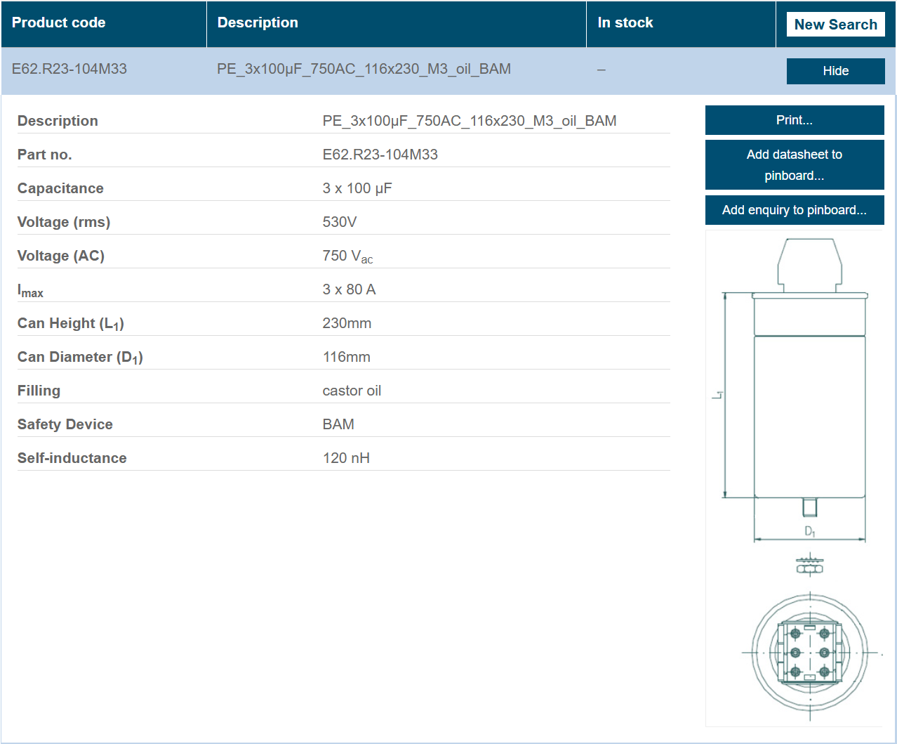 Electronicon E62.R23-104M33 E62 Series 3-Phase AC Power Capacitor, 3x100µF, 530V RMS
