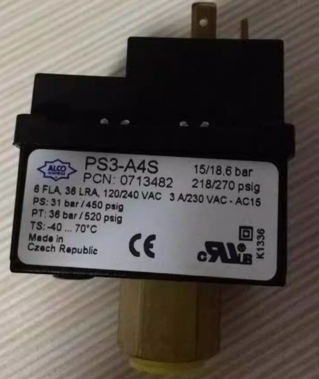 Emerson ALCO PS3-A4S Pressure Switch - 15/18.6 bar Dual Setting - Front Label View