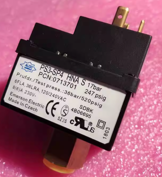 Emerson ALCO PS3-SP4 HNA S High Pressure Switch - 17 bar Setting - Label Close-up View