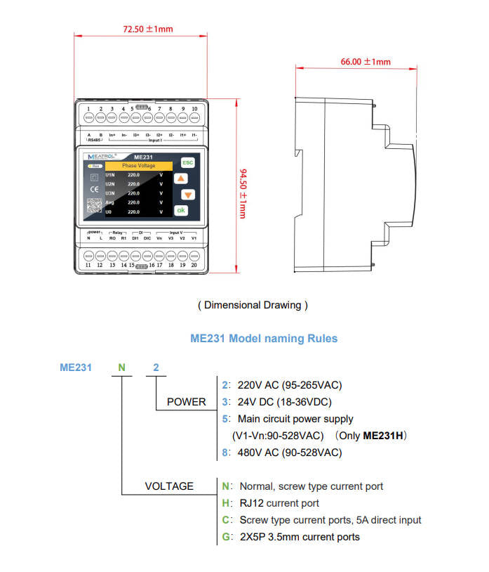 Meatrol ME231N2 DIN Rail Rogowski Coil Pq Smart Energy Meter (12 Pieces)