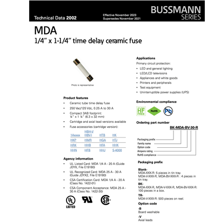 Eaton Bussmann MDA-1-R Fuse, 6.3x32mm, 2A 250VAC, Time-Delay Ceramic - Pack of 10