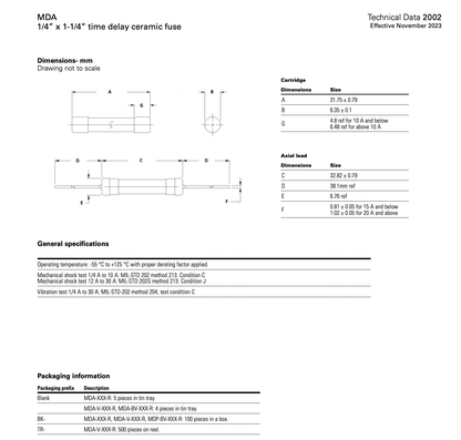 Eaton Bussmann MDA-1-R Fuse, 6.3x32mm, 2A 250VAC, Time-Delay Ceramic - Pack of 10