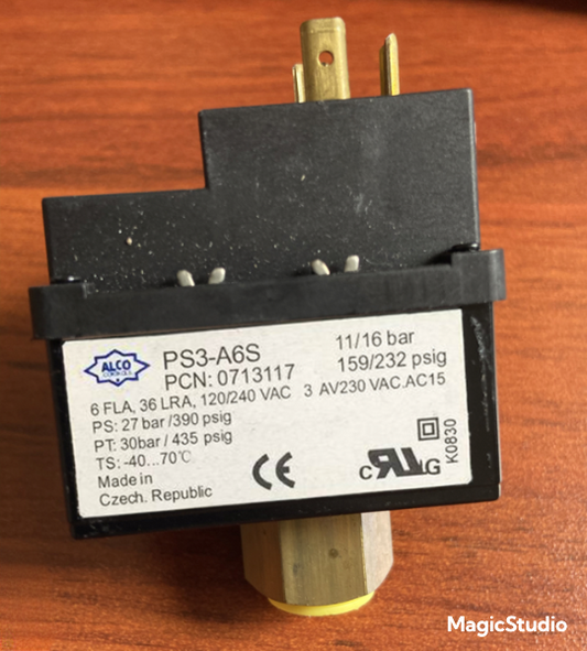 ALCO PS3-A6S Dual Pressure Switch, 11/16 bar 159/232 psig, SPDT, Refrigeration/HVAC, PCN 0713117
