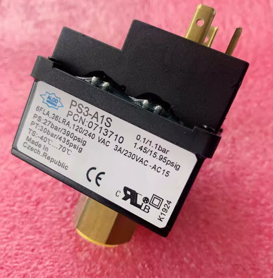 ALCO PS3-A1S Pressure Switch, 0.1/1.1 bar (1.45/15.95 psig) Adjustable Differential, SPDT 3A 230VAC, Refrigeration/HVAC, PCN 0713710 (Emerson)