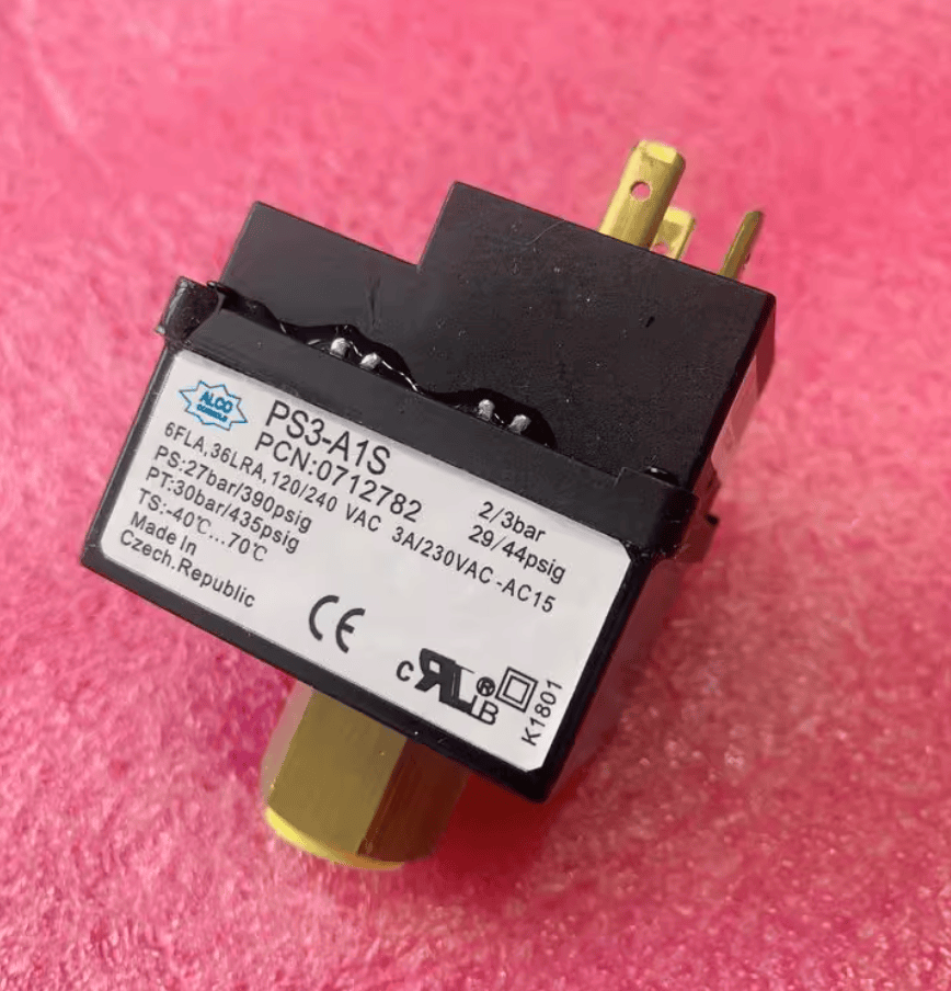 ALCO ALCO PS3-A1S Pressure Switch, 2/3 bar (29/44 psig) Adjustable Differential, SPDT 3A 230VAC, Refrigeration/HVAC, PCN 0712782 (Emerson)