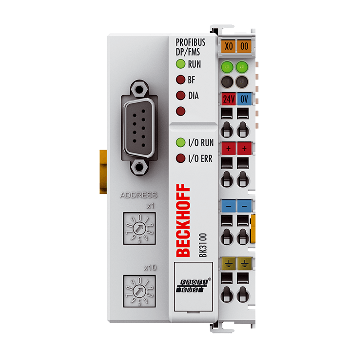 Beckhoff Ethernet Module Beckhoff BK3100 PROFIBUS Bus Coupler, 12 Mbaud Auto-Detect, 64 Terminals, 64 In/64 Out (DP/FMS) or 128 In/128 Out (DP), 24V DC, 51×100×69 mm