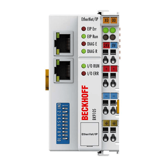 Beckhoff Ethernet Module Beckhoff BK9105 EtherNet/IP Bus Coupler, 2x RJ45 (10/100 Mbit/s), 492 In/492 Out, 24V DC, 51×100×69 mm