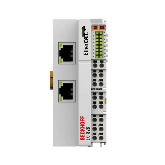 Beckhoff Ethernet Module Beckhoff EK1828 EtherCAT Coupler EtherCAT Coupler with Integrated I/O, 4 DI / 8 DO, 2x RJ45 100BASE-TX, 24V DC, 44×100×67 mm