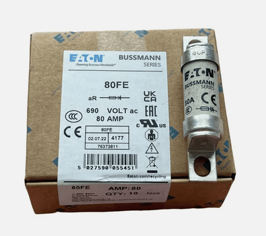 Bussmann Eaton 80FE Fuse, 80A 600V, Fast-Acting Class H, Ferrule, 13/16" x 5" – Pack of 100