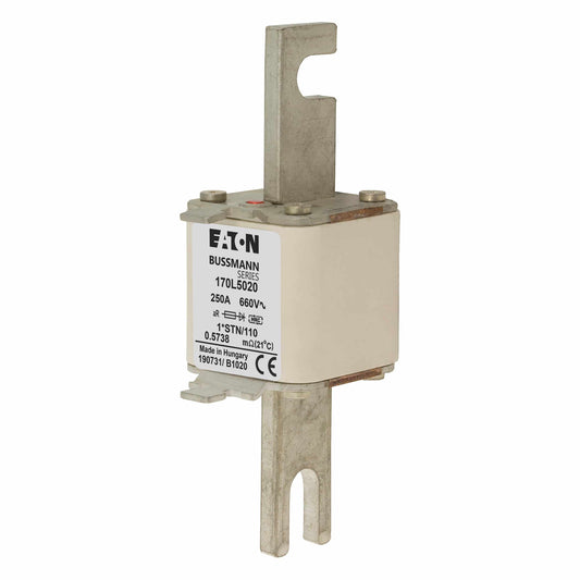 Bussmann General Industrial Fuses Eaton (Bussmann) 170L5020 High‑Speed Square‑Body Fuse-Link — 250A, 660 V AC aR Semiconductor Protection, Compact Size 1 (43×58×140 mm), Bolted Tag, Top Indicator — Pack of 6