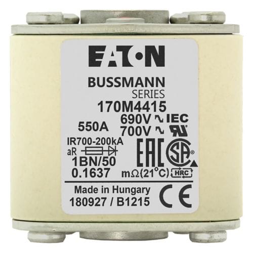 Bussmann Semiconductor Protection Fuses Eaton Bussmann 170M4415 High Speed Square Body Fuse, 550A 690V aR, Size 1 Flush-End, IEC 60269-4 Type A, 200kA Breaking Capacity, Top Indicator, M8 Mount, IEC/UL, CE, RoHS