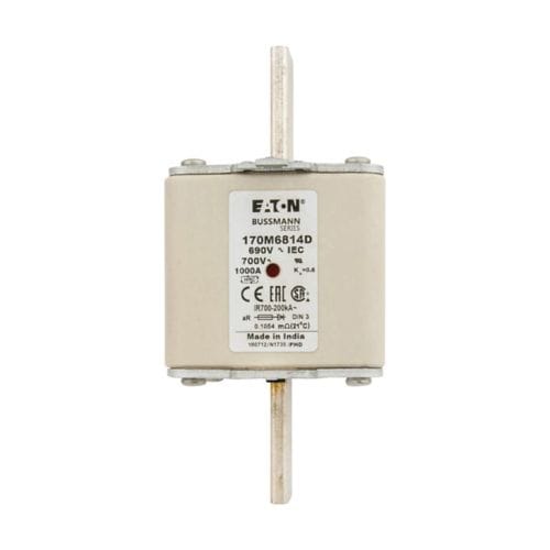 Bussmann Semiconductor Protection Fuses Eaton Bussmann 170M6814D High Speed Square Body Fuse, 1000A 690V aR, DIN 43620 Size 3, Knife Blade, 200kA Breaking Capacity, Dual Indicator, IEC/UL, CE, RoHS – Pack of 3