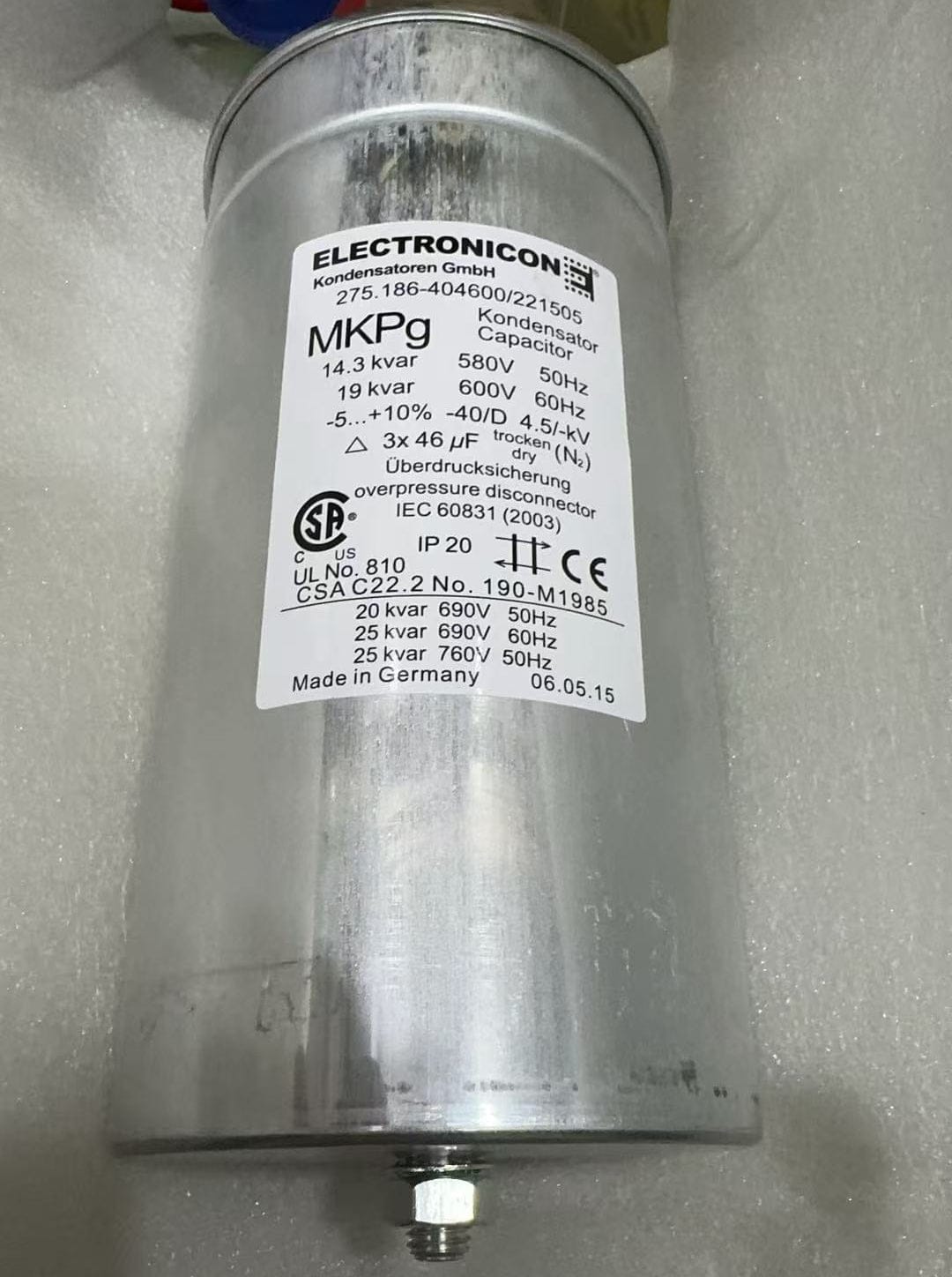 ELECTRONICON ELECTRONICON 275.186-404600/221505 MKPg Dry AC Capacitor, 46 µF, 580 V 50 Hz / 600 V 60 Hz, ±5/+10%