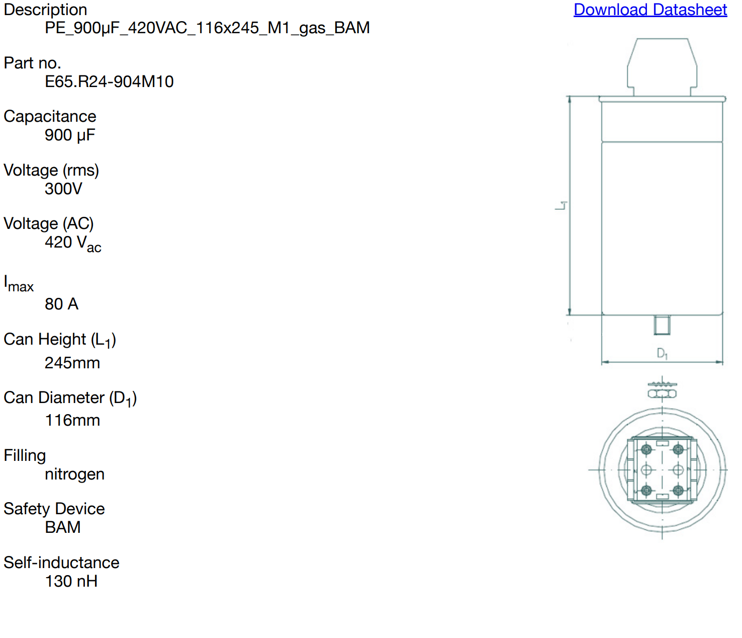 ELECTRONICON ELECTRONICON E65.R24-904M10 Power Capacitor, 900μF 420VAC, 80A Imax, Nitrogen Filled, 116x245mm, BAM Safety Device
