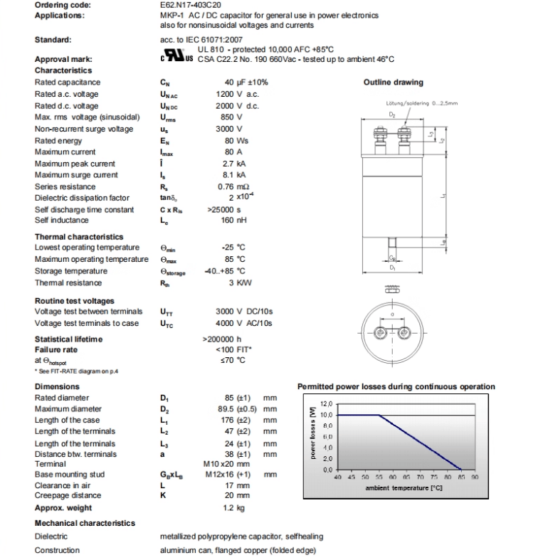 ELECTRONICON ELECTRONICON MKP-1 AC/DC Capacitor, 40 µF 1200V AC 2000V DC, 80A, E62.N17-403C20
