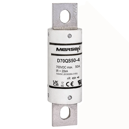 Ferraz Shawmut General Industrial Fuses Mersen D70QS50-4 D70QS Series High-Speed DC Fuse, 700VDC, 50A aR 20kA IR, 3.63in Round Body - Pack of 5