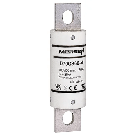 Ferraz Shawmut General Industrial Fuses Mersen D70QS60-4 D70QS Series High-Speed DC Fuse, 700VDC, 60A aR, 3.63in Round Body - Pack of 5