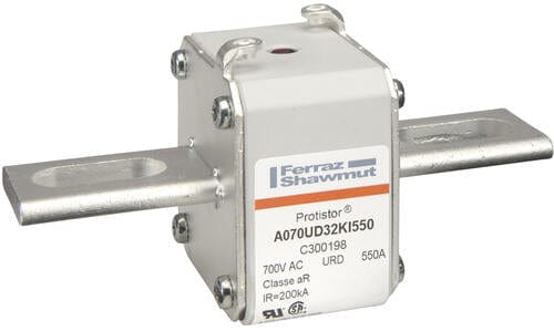 Ferraz Shawmut General Industrial Fuses Mersen Protistor C300198 (A070UD32KI550) — Protistor® Size 32 aR Semiconductor Fuse, 550 A, 690 VAC (IEC) / 700 VAC (UL), Bolted Slotted‑Blade Terminals, Striker Indication — Pack of 3
