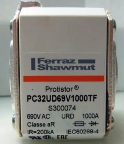 Ferraz Shawmut General Industrial Fuses Mersen S300074 (PC32UD69V1000TF) Protistor Fuse, 1000A 690V AC, Size 32 aR, High-Speed Square Body with Striker