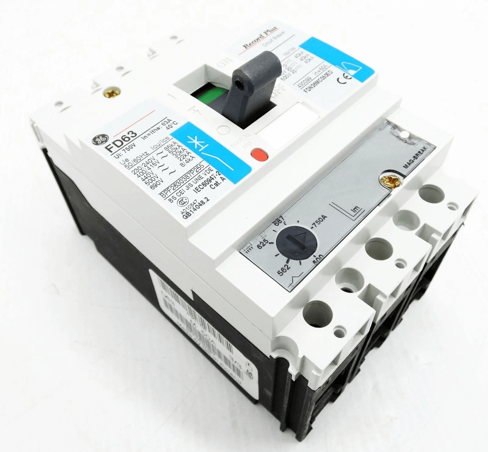 GE Molded Case Circuit Breakers General Electric (GE) FD63 Series FDN36MC050ED — 3‑Pole DIN‑Rail MCCB, 100A Nominal, Adjustable Overcurrent 80–100A, IP20, 50 kA Breaking Capacity