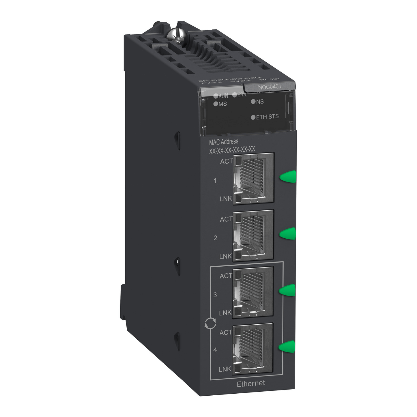 Schneider Electric BMXNOC0401 Modicon M340 Ethernet Network Module — 4× RJ45 10/100 Mbps, EtherNet/IP & Modbus/TCP, Embedded 4‑Port Switch, IP20