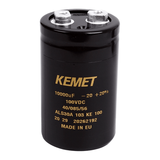 KEMET Aluminum Electrolytic Capacitors KEMET ALS30A103KE100 — ALS30 Series Screw‑Terminal Aluminum Electrolytic Capacitor, 10,000 µF ±20%, 100 VDC, 18,000 hr, Ø51×82 mm, Lead Spacing 22.2 mm, ESR 28 mΩ @100 Hz, Ripple 10.1 A — Pack of 5