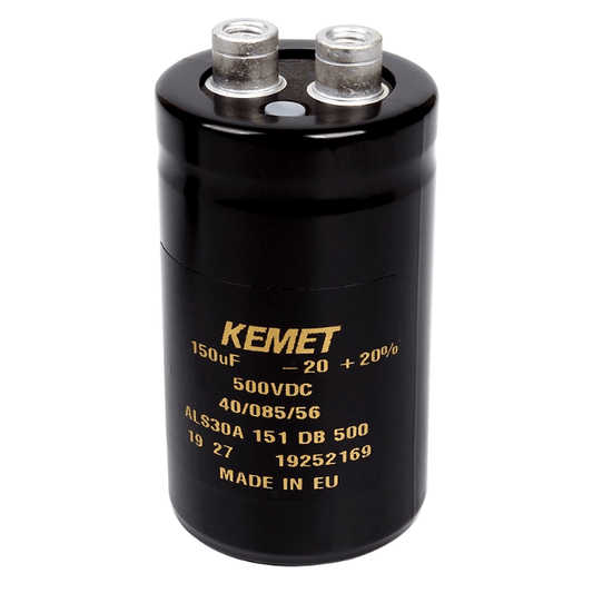 KEMET Aluminum Electrolytic Capacitors KEMET ALS30A151DB500 — ALS30 Series Screw‑Terminal Aluminum Electrolytic Capacitor, 150 µF ±20%, 500 VDC, 11,000 hr, Ø36×62 mm, Lead Spacing 12.8 mm, ESR 930 mΩ, Ripple 2.0 A — Pack of 10