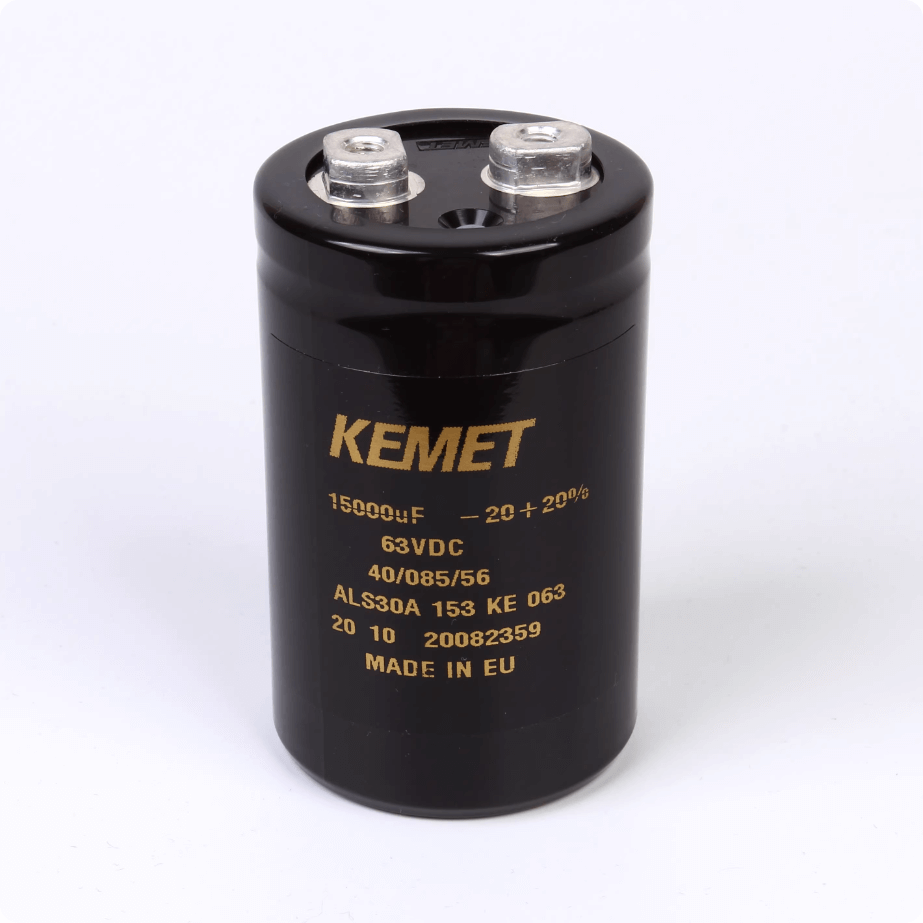 KEMET Aluminum Electrolytic Capacitors KEMET ALS30A153KE063 — ALS30 Series Screw‑Terminal Aluminum Electrolytic Capacitor, 15,000 µF ±20%, 63 VDC, 18,000 hr, Ø51×82 mm, Lead Spacing 22.2 mm, ESR 12 mΩ @100 Hz, Ripple 13.9 A — Pack of 5