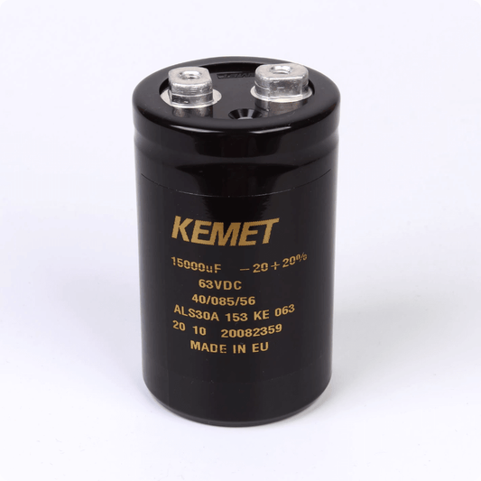 KEMET Aluminum Electrolytic Capacitors KEMET ALS30A153KE063 — ALS30 Series Screw‑Terminal Aluminum Electrolytic Capacitor, 15,000 µF ±20%, 63 VDC, 18,000 hr, Ø51×82 mm, Lead Spacing 22.2 mm, ESR 12 mΩ @100 Hz, Ripple 13.9 A — Pack of 5