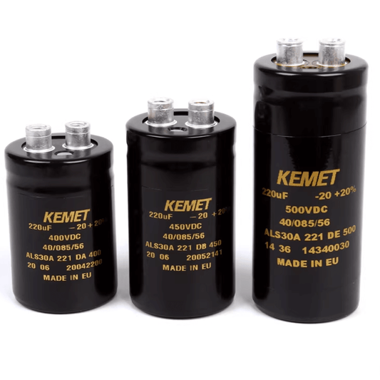 KEMET Aluminum Electrolytic Capacitors KEMET ALS30A221DA400 — ALS30 Series Screw‑Terminal Aluminum Electrolytic Capacitor, 220 µF ±20%, 400 VDC, 11,000 hr, Ø36×52 mm, Lead Spacing 12.8 mm, ESR 570 mΩ, Ripple 2.1 A — Pack of 10