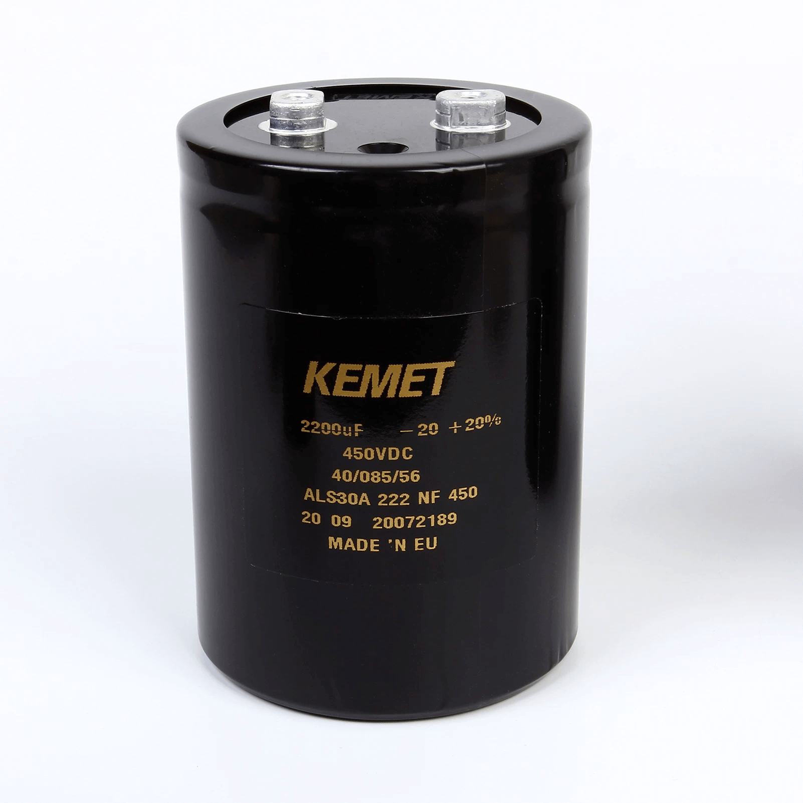 KEMET Aluminum Electrolytic Capacitors KEMET ALS30A222NF450 — ALS30 Series Screw‑Terminal Aluminum Electrolytic Capacitor, 2200 µF ±20%, 450 VDC, 20,000 hr, Ø77×105 mm, Lead Spacing 31.8 mm, ESR 59 mΩ @100 Hz, Ripple 12.2 A — Pack of 5