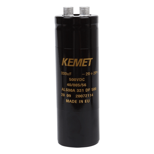 KEMET Aluminum Electrolytic Capacitors KEMET ALS30A331DF500 — ALS30 Series Screw‑Terminal Aluminum Electrolytic Capacitor, 330 µF ±20%, 500 VDC, 11,000 hr, Ø36×105 mm, Lead Spacing 12.8 mm, ESR 420 mΩ, Ripple 3.5 A — Pack of 10